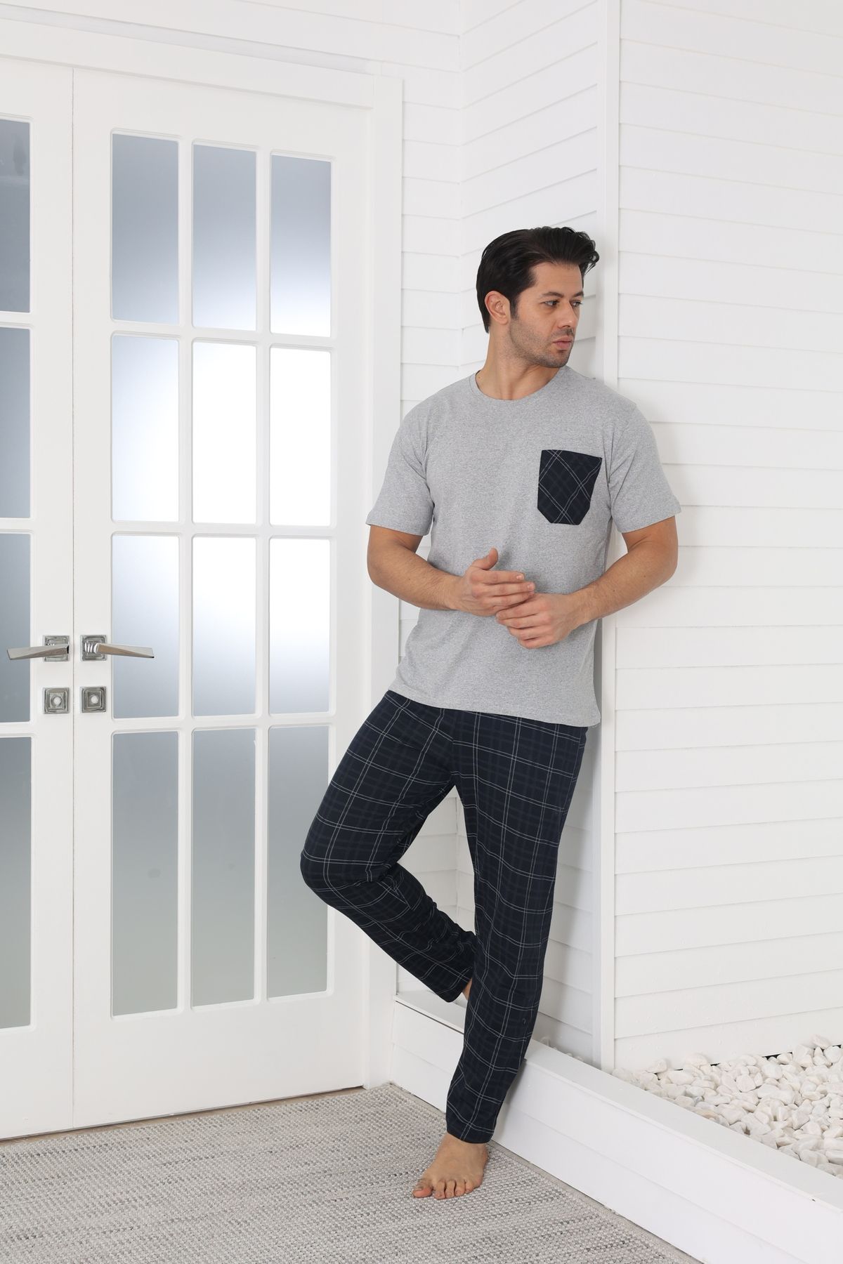 YENİ SEZON Erkek Kısa Kollu Yazlık Pijama Takımı - Gri