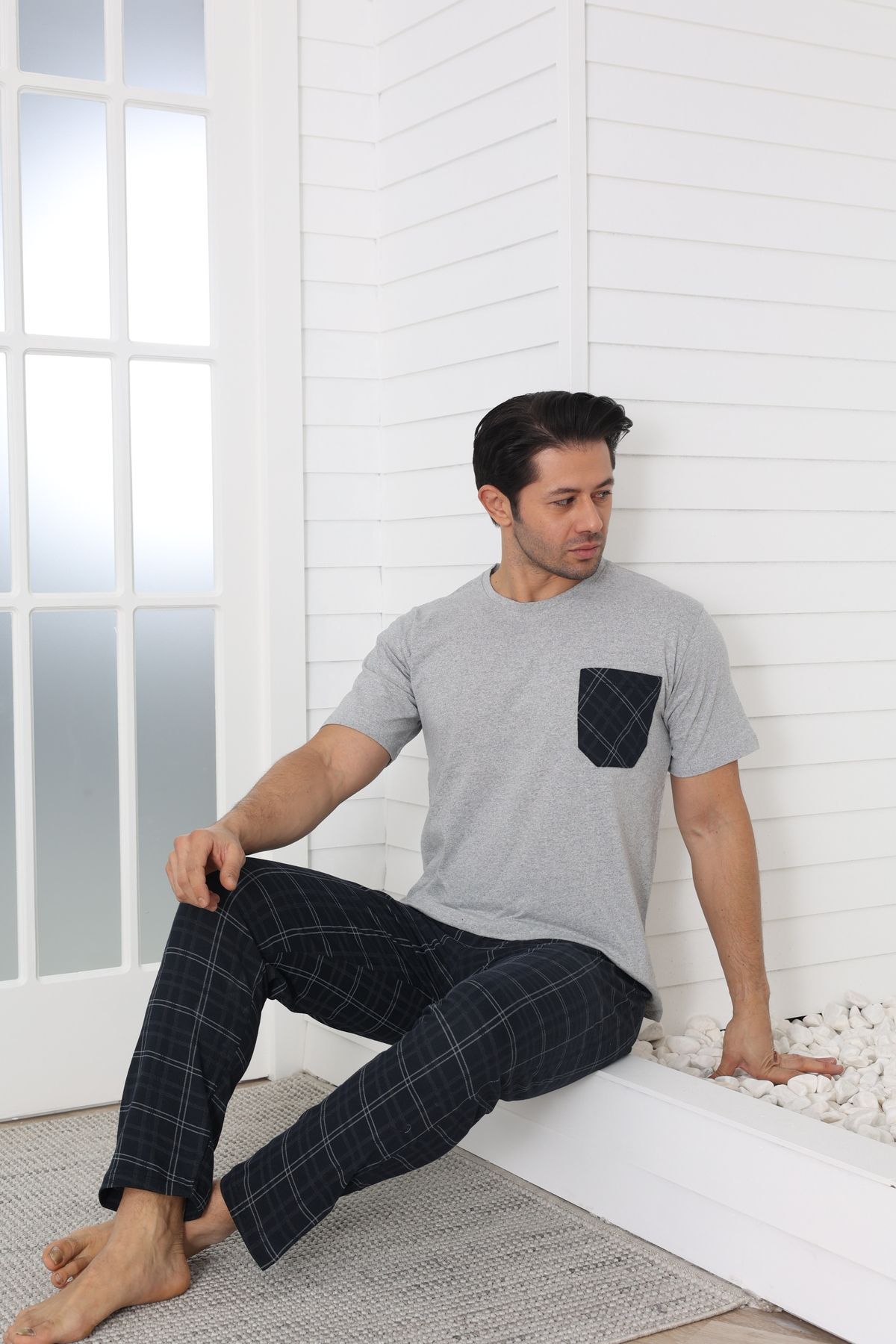 YENİ SEZON Erkek Kısa Kollu Yazlık Pijama Takımı - Gri